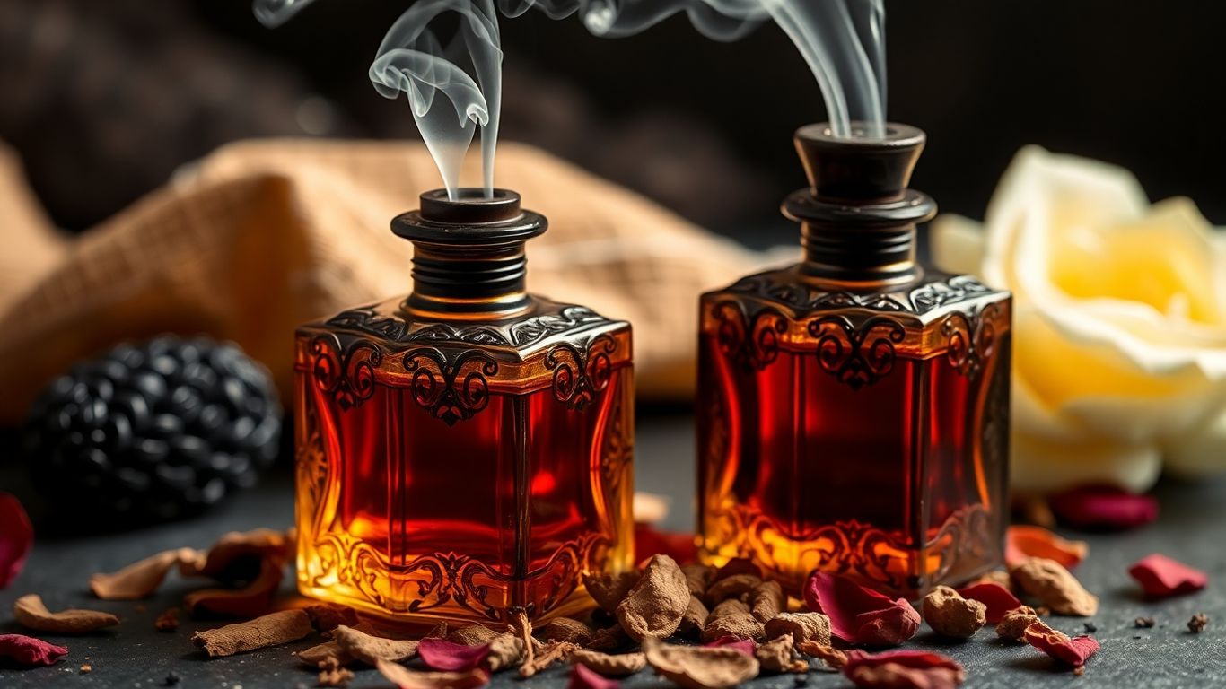 Ornate Middle Eastern perfume bottles with oud and rose petals.