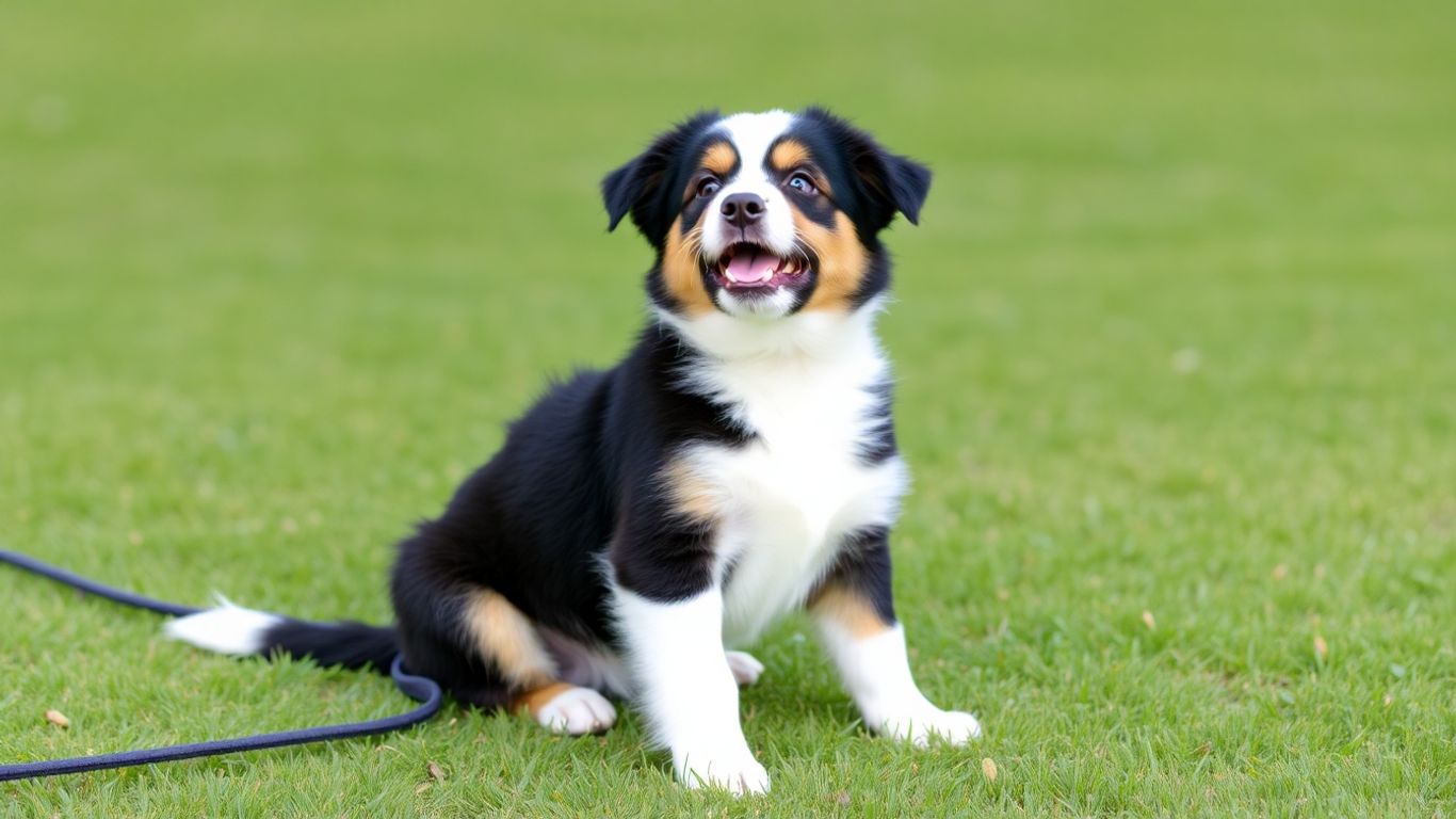 Happy Aussie puppy on green grass, ready for training.