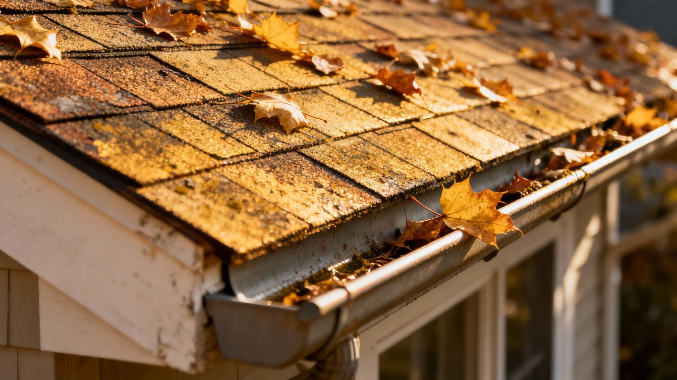 Autumn leaves on a house roof, ready for inspection.