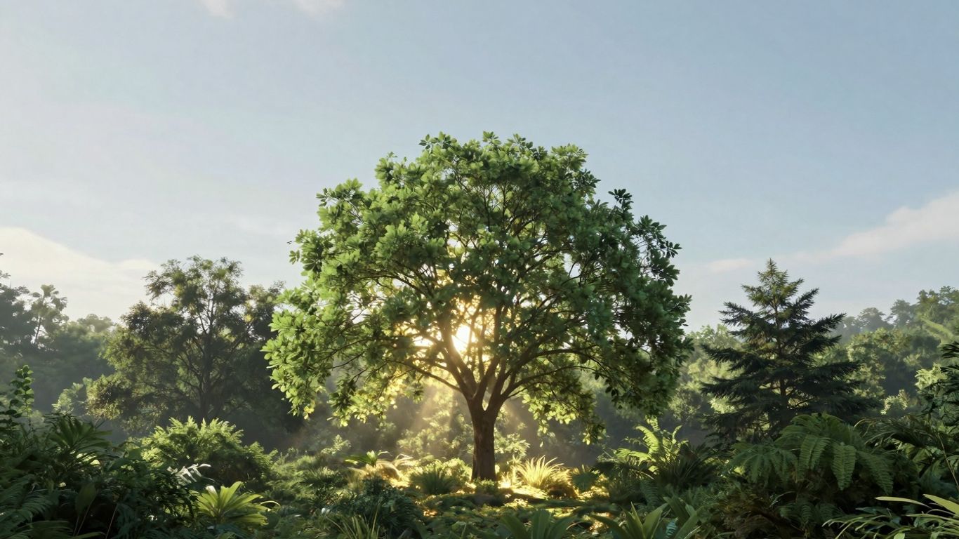 Pădure verde cu lumina soarelui și strălucire aurie.