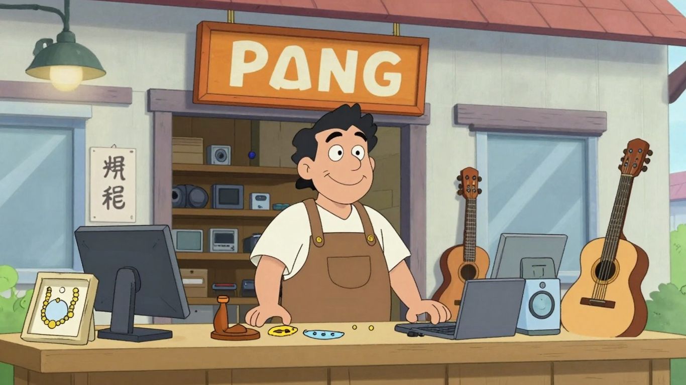 Cartoon pawn shop interior with owner and items.