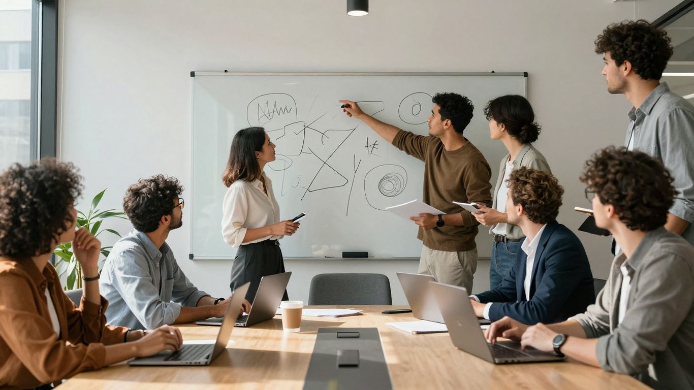 Marketing agency team collaborating in a modern office.