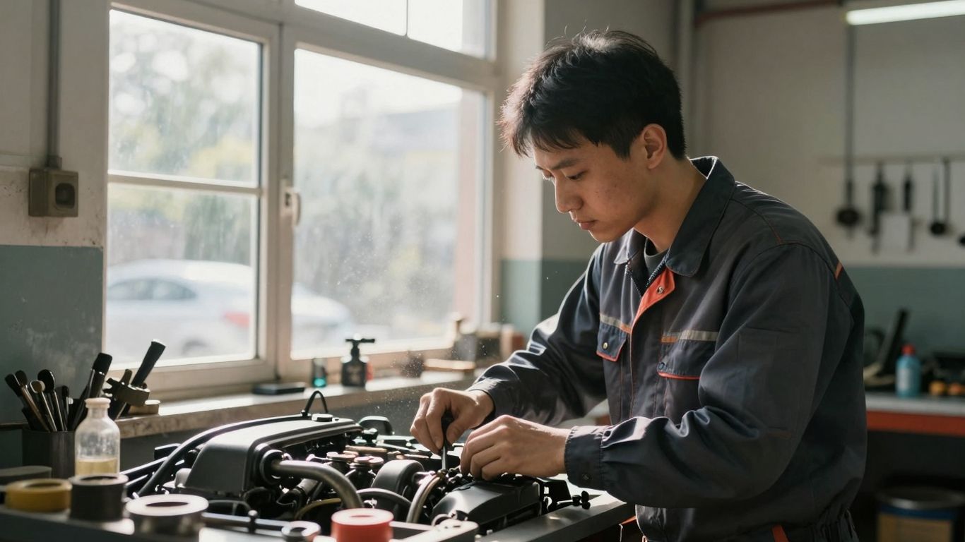 Mechaniker inspiziert Auto Motor in Werkstatt