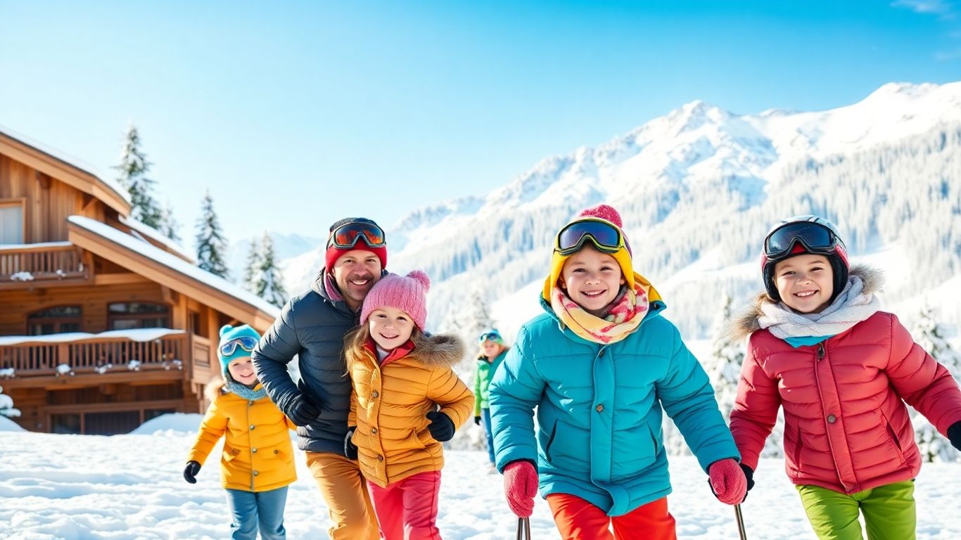Família curtindo chalé de inverno suíço e Alpes nevados