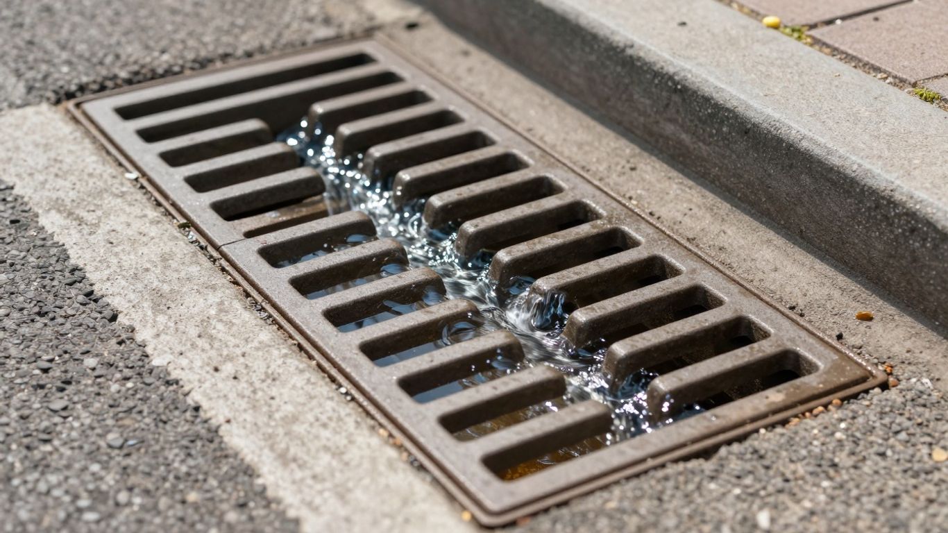 Clean storm drain grate with clear water flowing through.