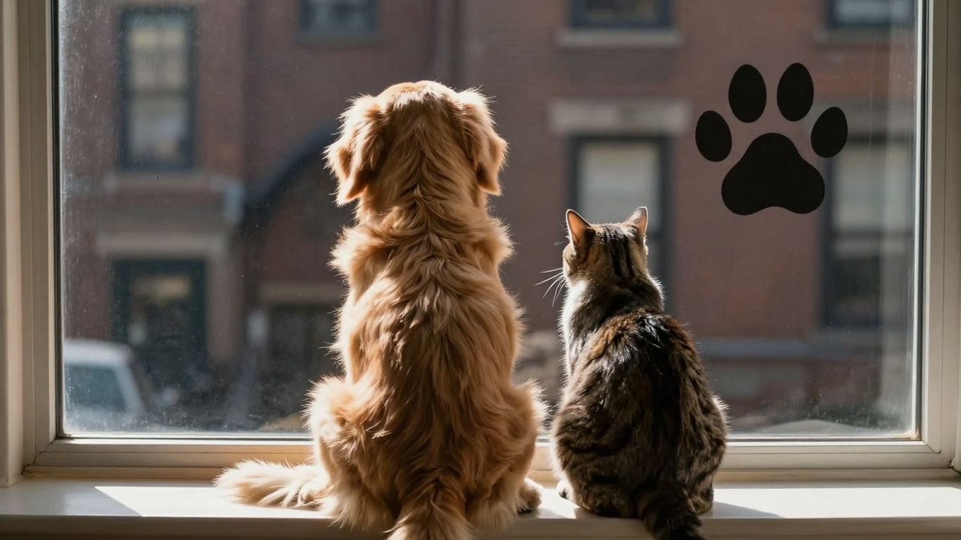 Dog and cat with Boston skyline, paw print overlay.