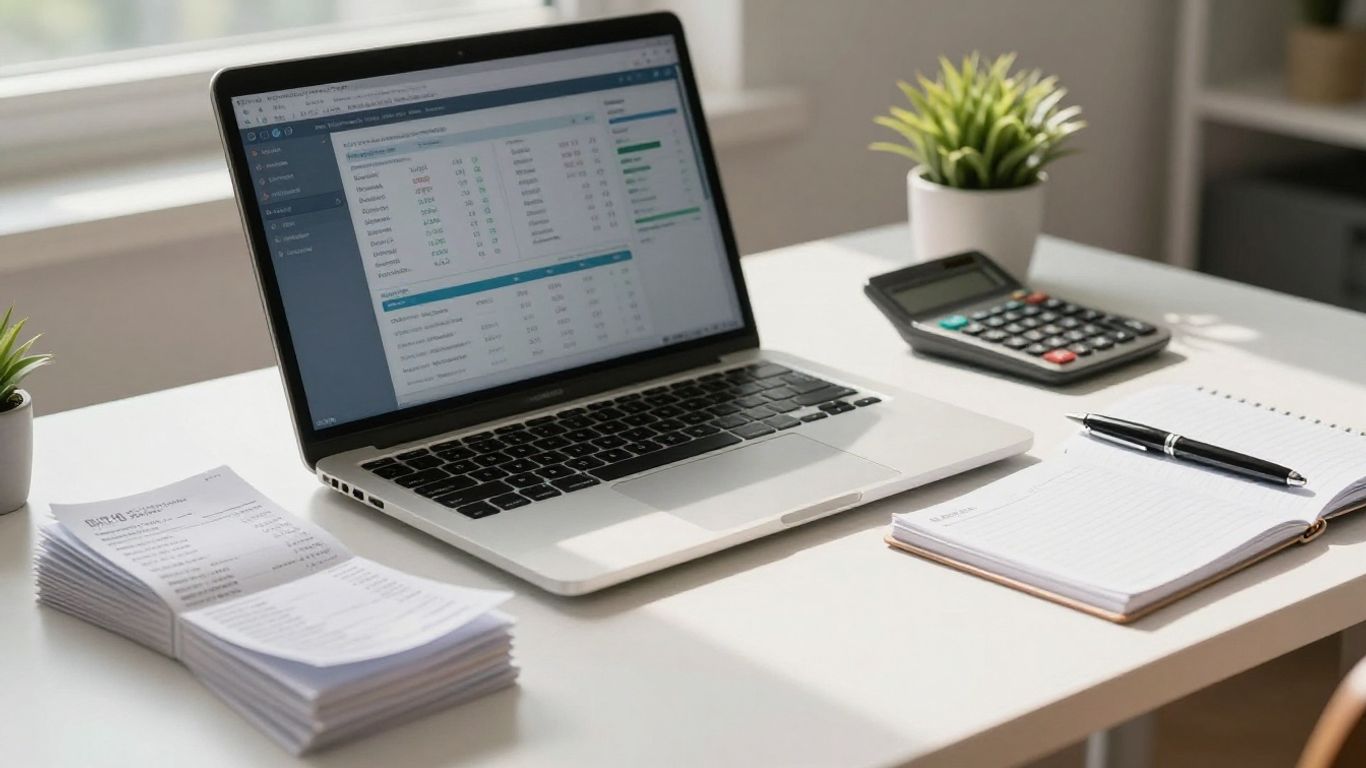 Desk with laptop, receipts, and calculator for business bookkeeping.