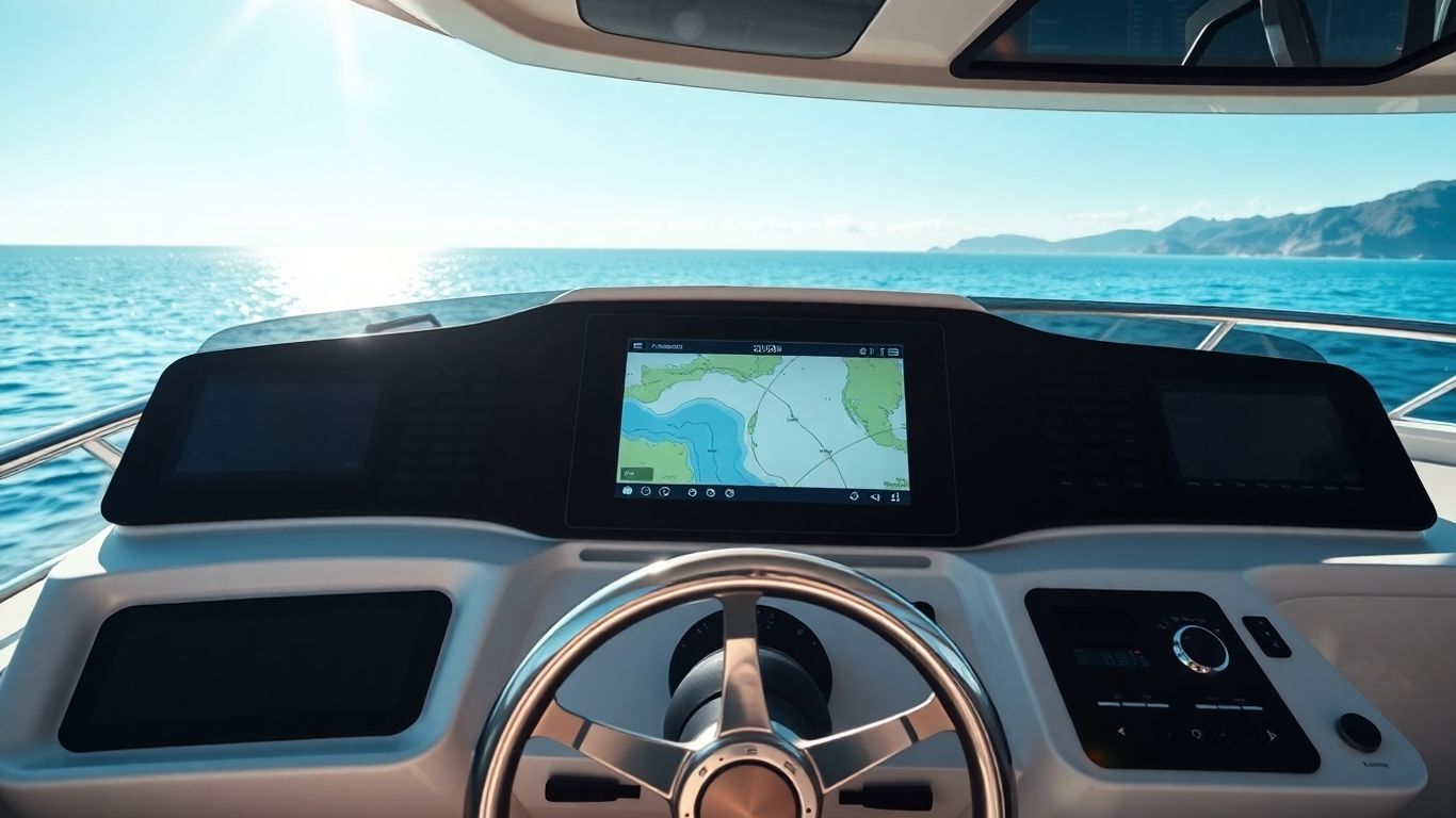 Yacht helm with modern navigation screens and calm sea.