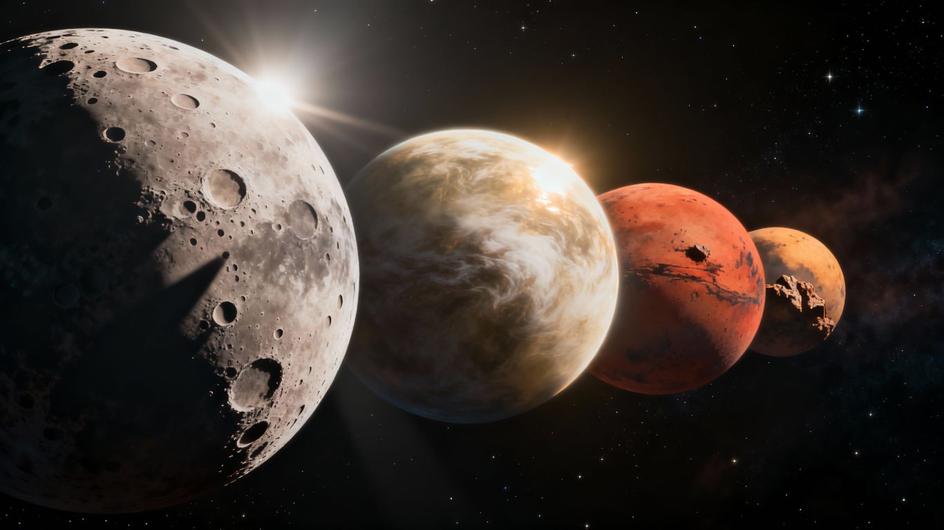 Inner planets Mercury, Venus, and Mars with distinct surface features.
