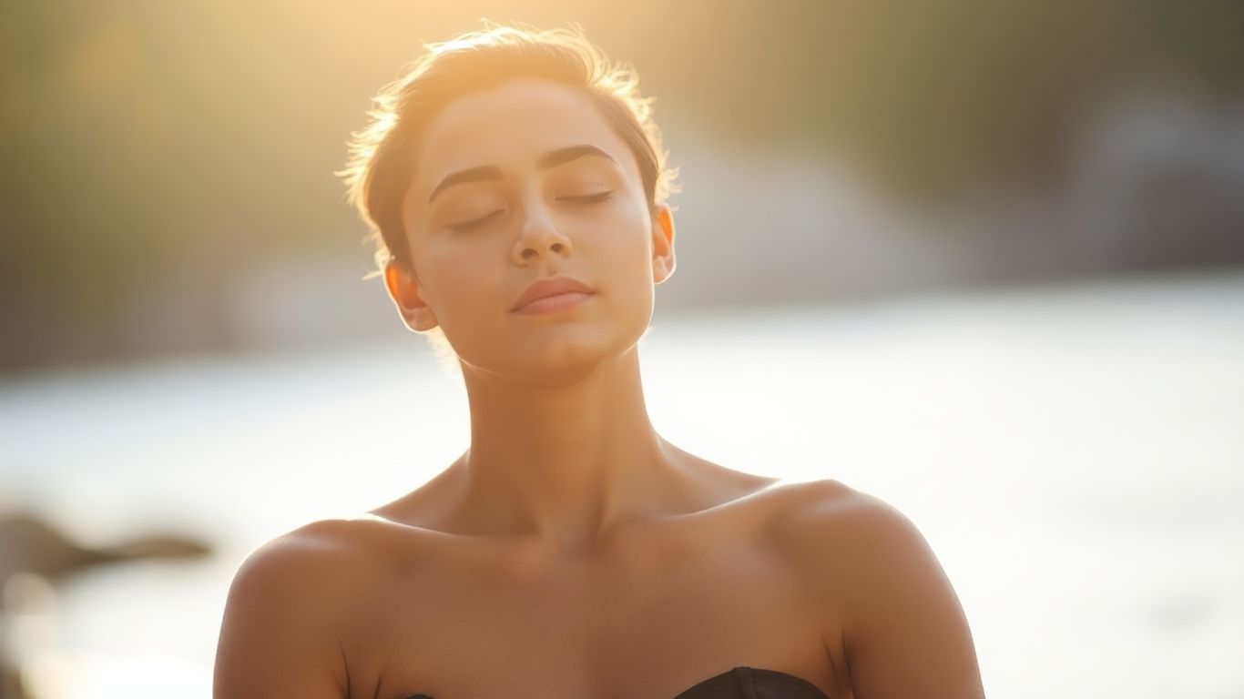 Person meditating peacefully in a calm, natural setting.