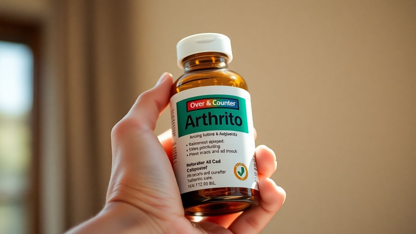 Bottle of arthritis pain relief medication held in hand.