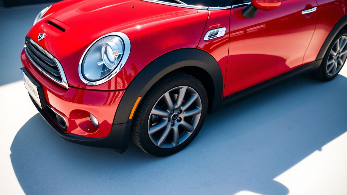 Red Mini Cooper parked, bright sunlight glinting off polished body.