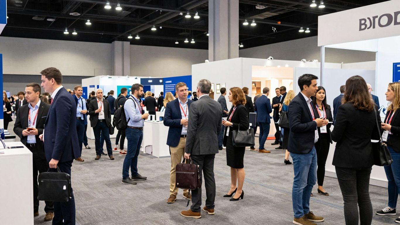 Diverse retail professionals networking at a large industry event.