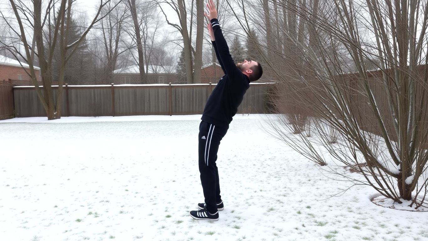 Person doing a burpee in a snowy backyard.