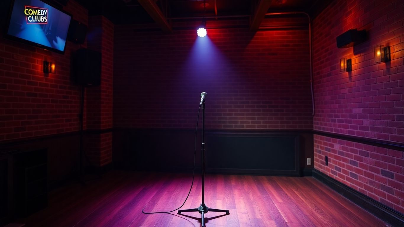 Comedy stage with empty mic stand and colourful lights