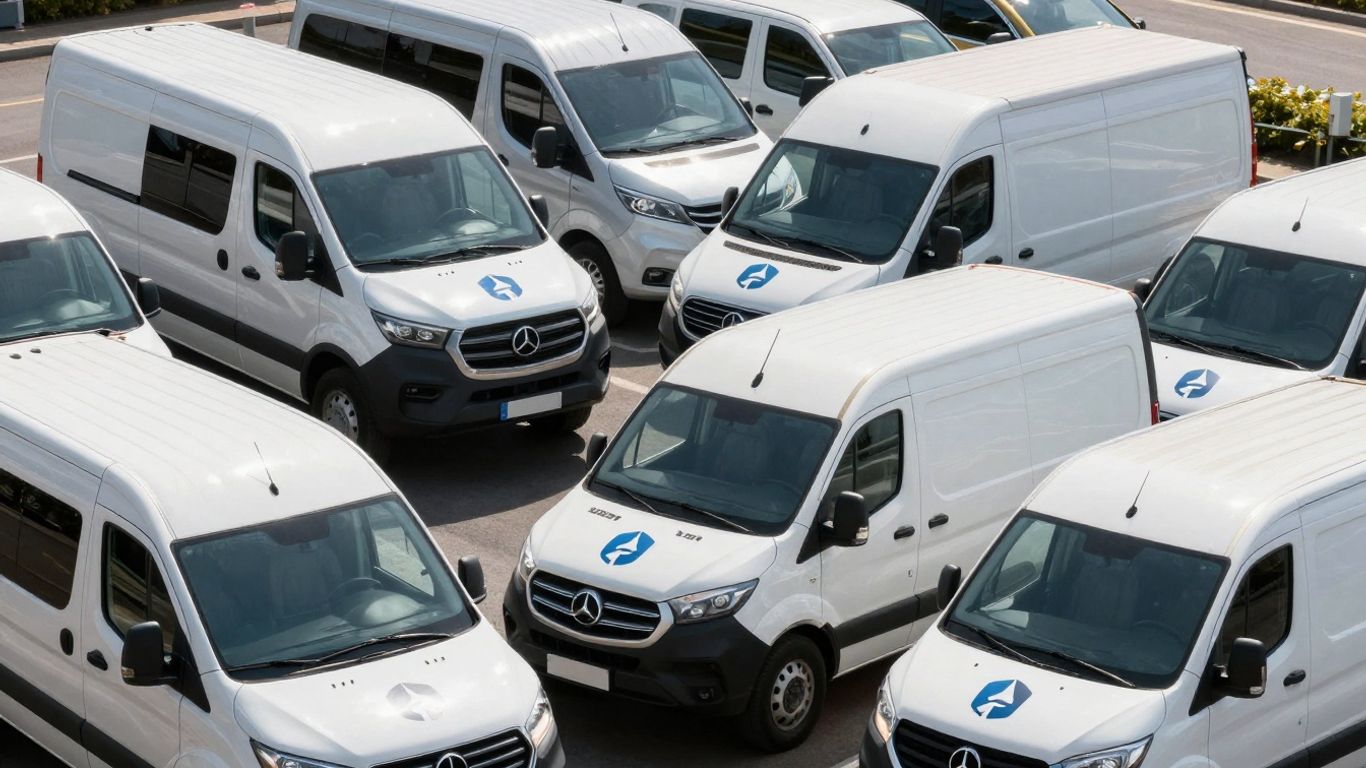 Branded vehicles in a row, showing brand consistency.