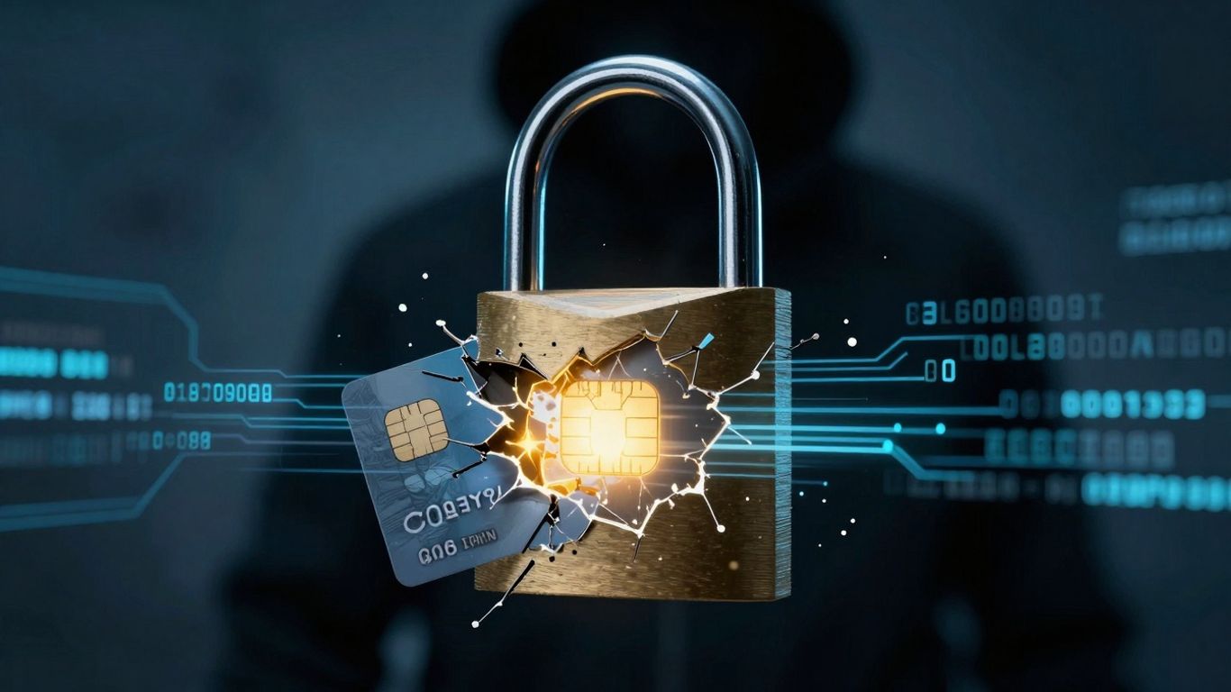 Cracked padlock with credit card chips, code, and shadowy figure.