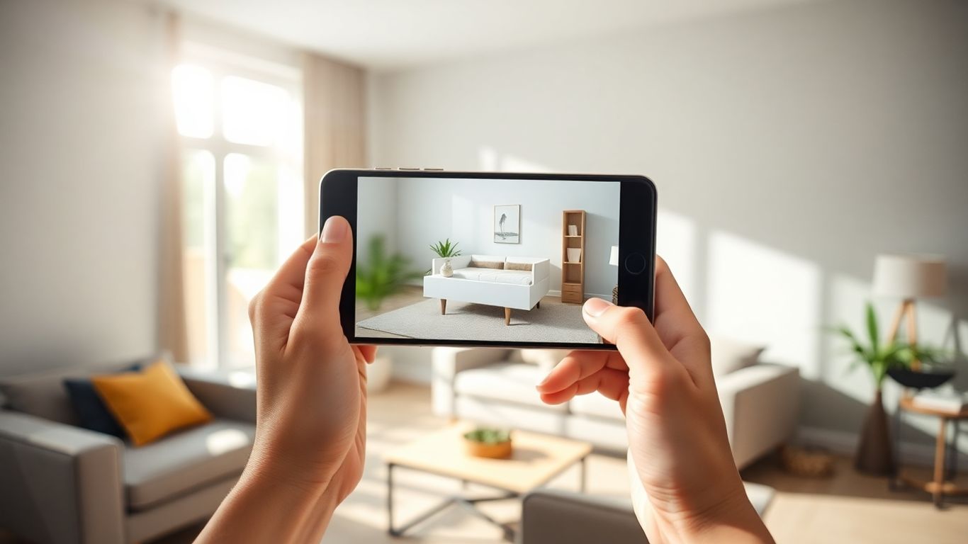 Augmented reality furniture visualization in a modern living room.