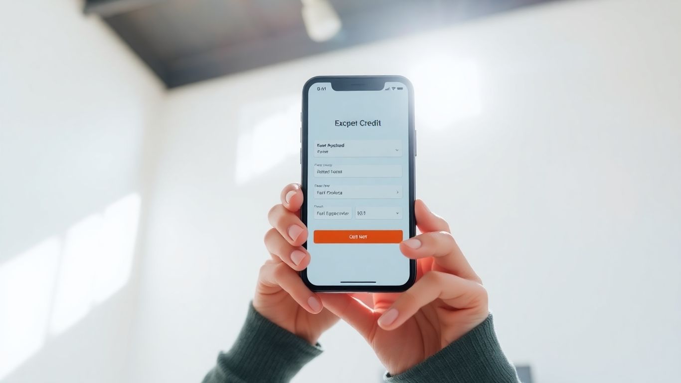 Persona feliz usando un teléfono con solicitud de crédito.