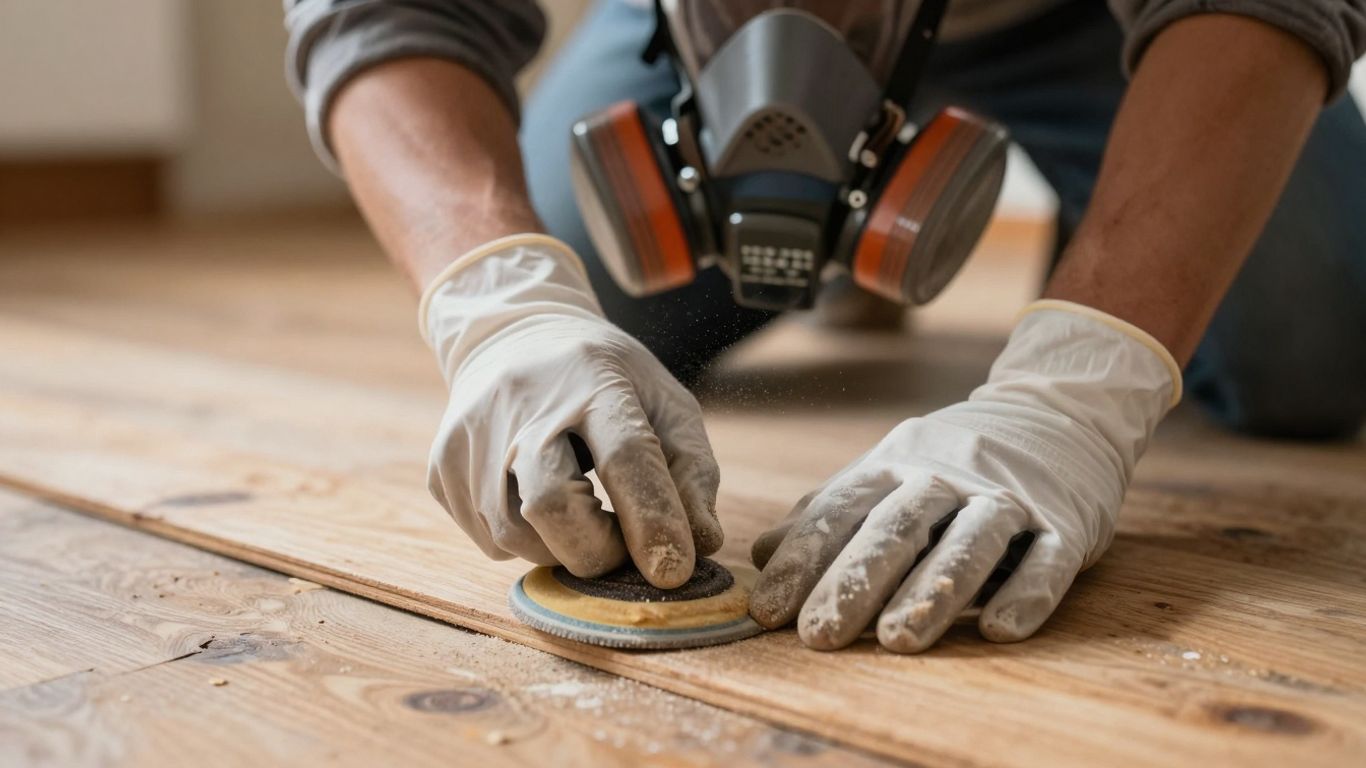 Person sanding dusty floorboards with protective gear.