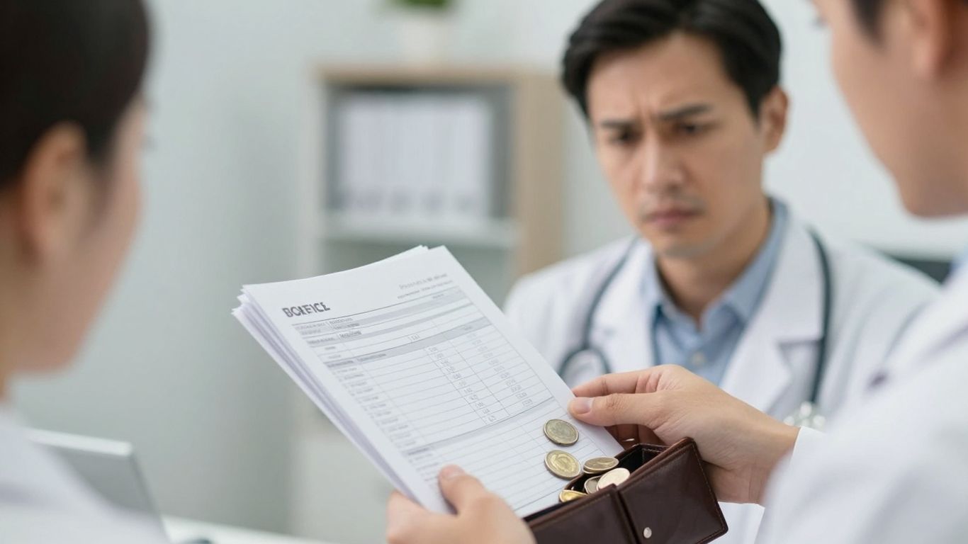 Person looking at medical bills and empty wallet.