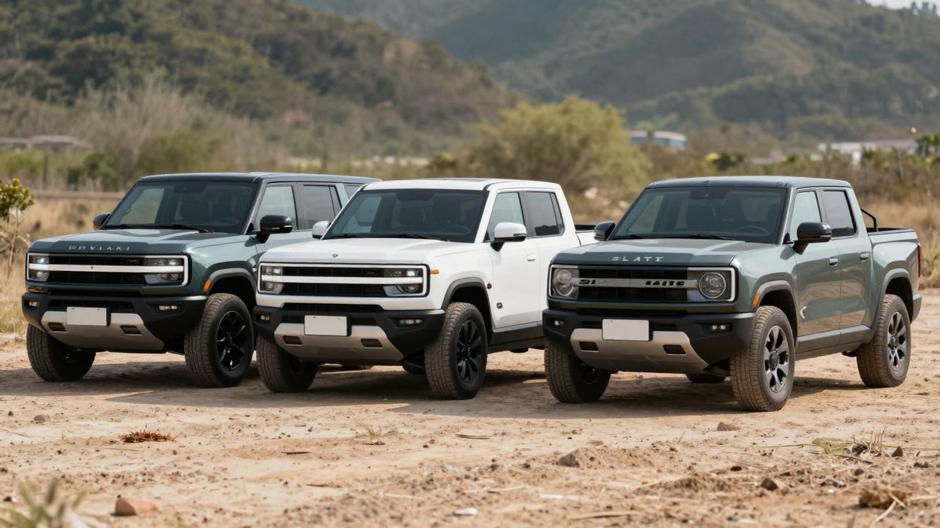 Three electric pickup trucks in a lineup.
