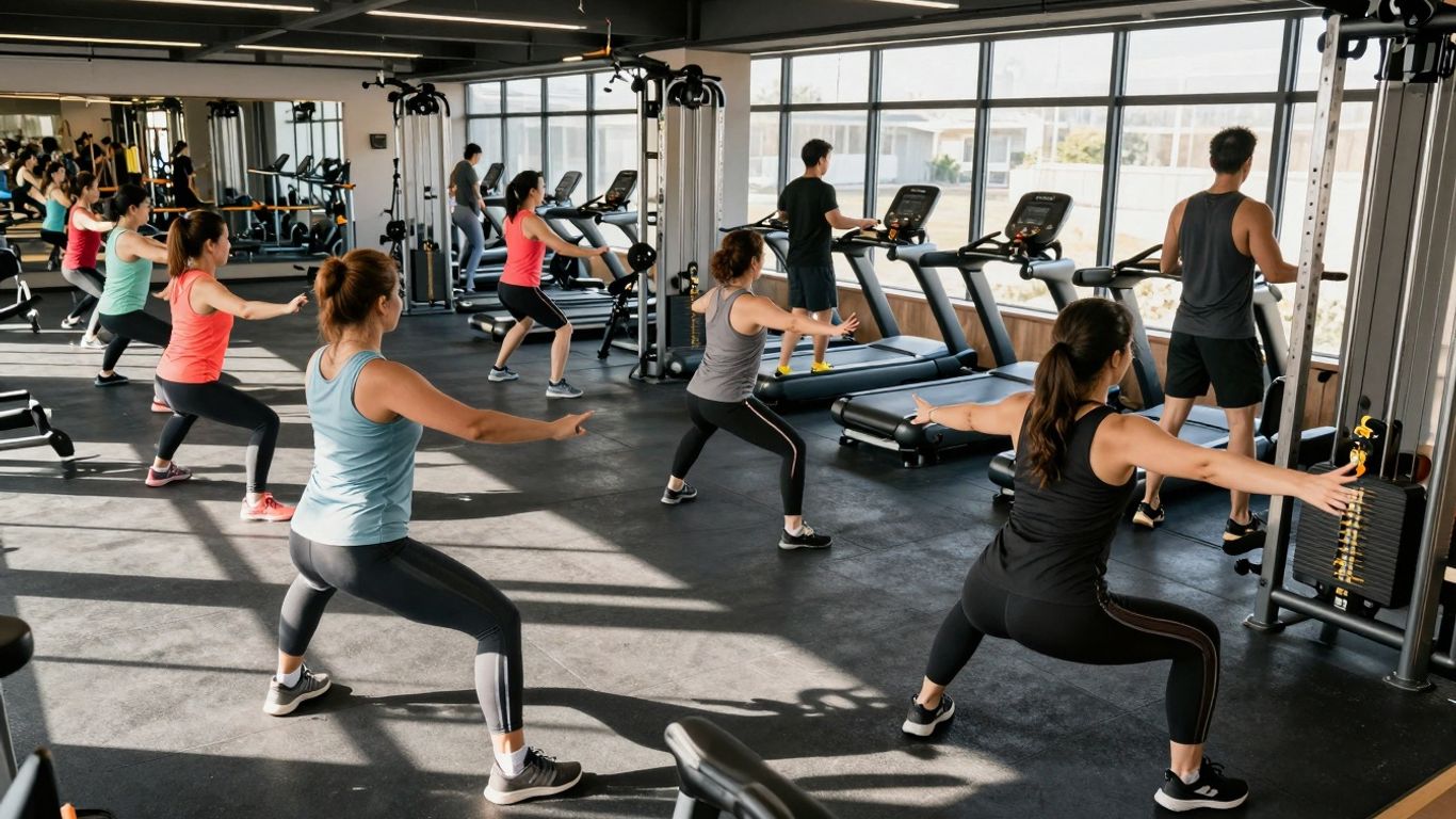 Gym interior with people exercising.