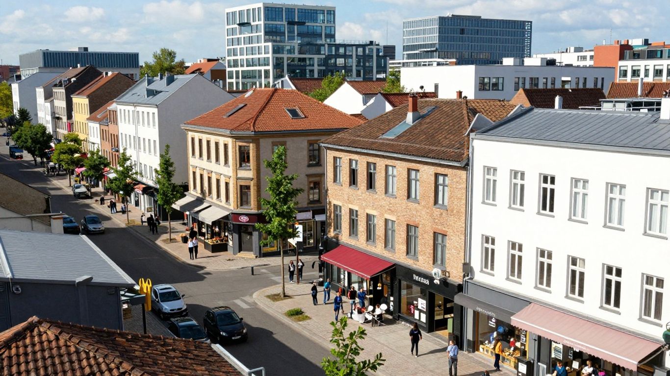 IMM-uri și clădiri europene moderne, simbolizând creștere economică.