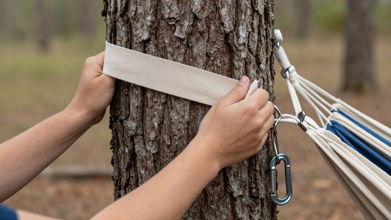 Hands securing hammock strap to tree for outdoor setup.