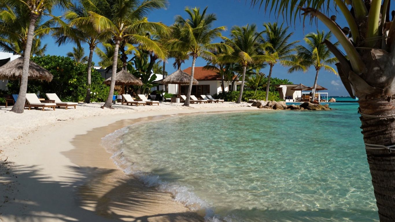 Rajska plaża z palmami i turkusową wodą.