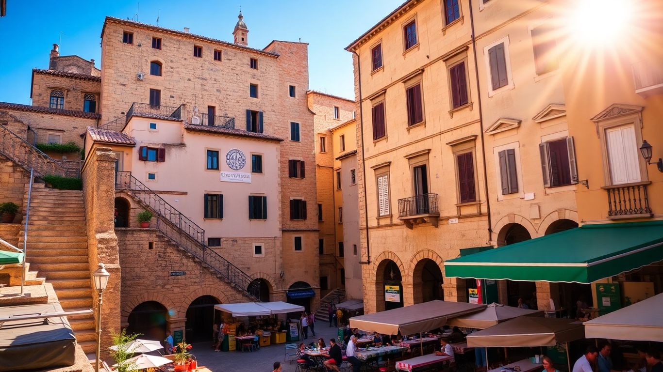 Girona's historic architecture and lively market square under sunlight.