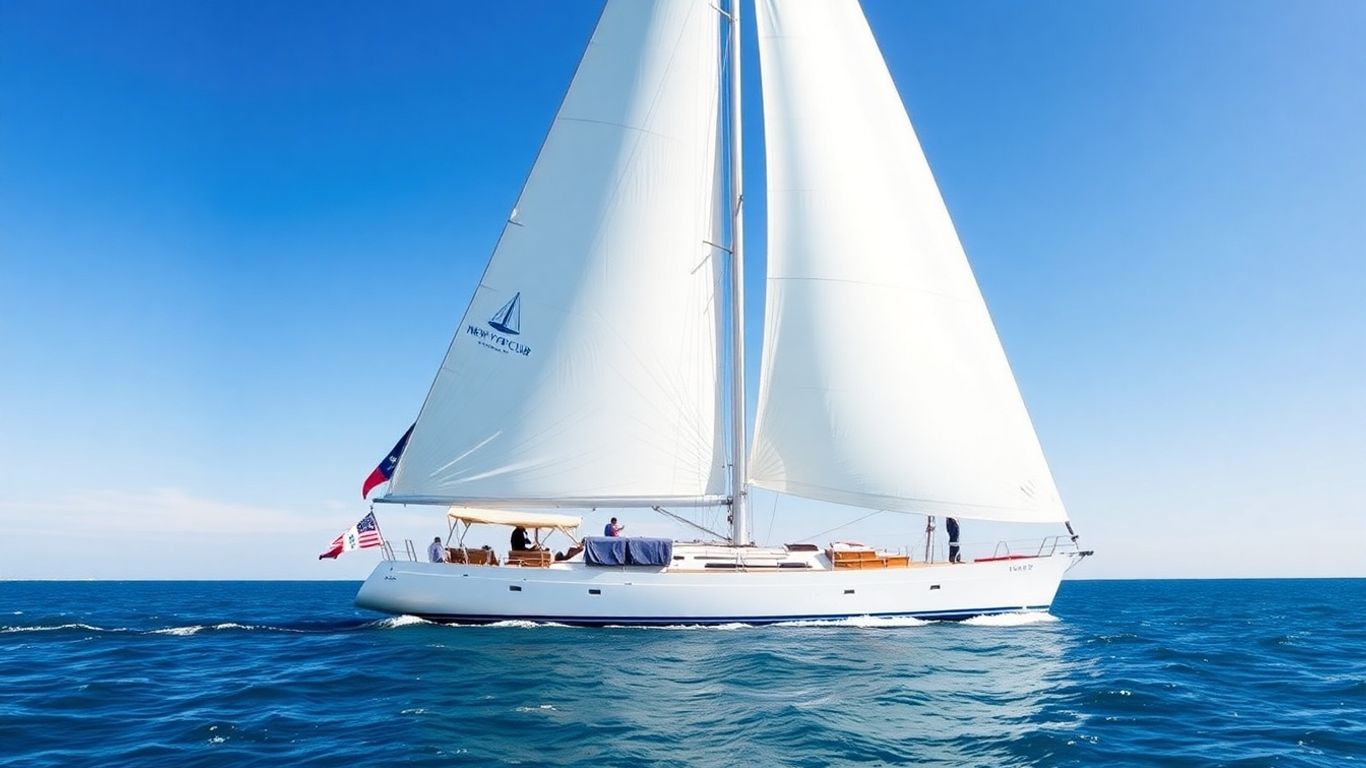 Iconic yacht sailing on the ocean with NYYC burgee.