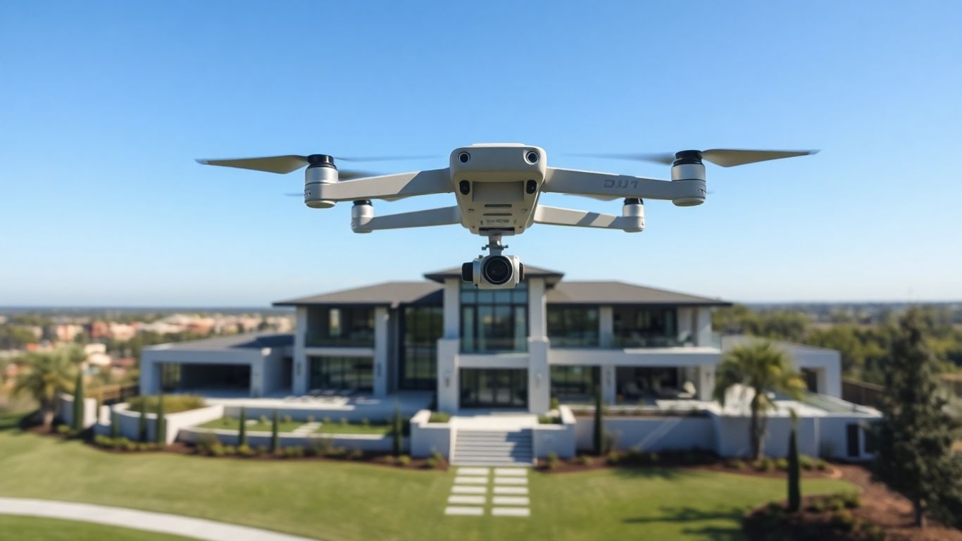 DJI Air 3 drone flying over a luxury home.