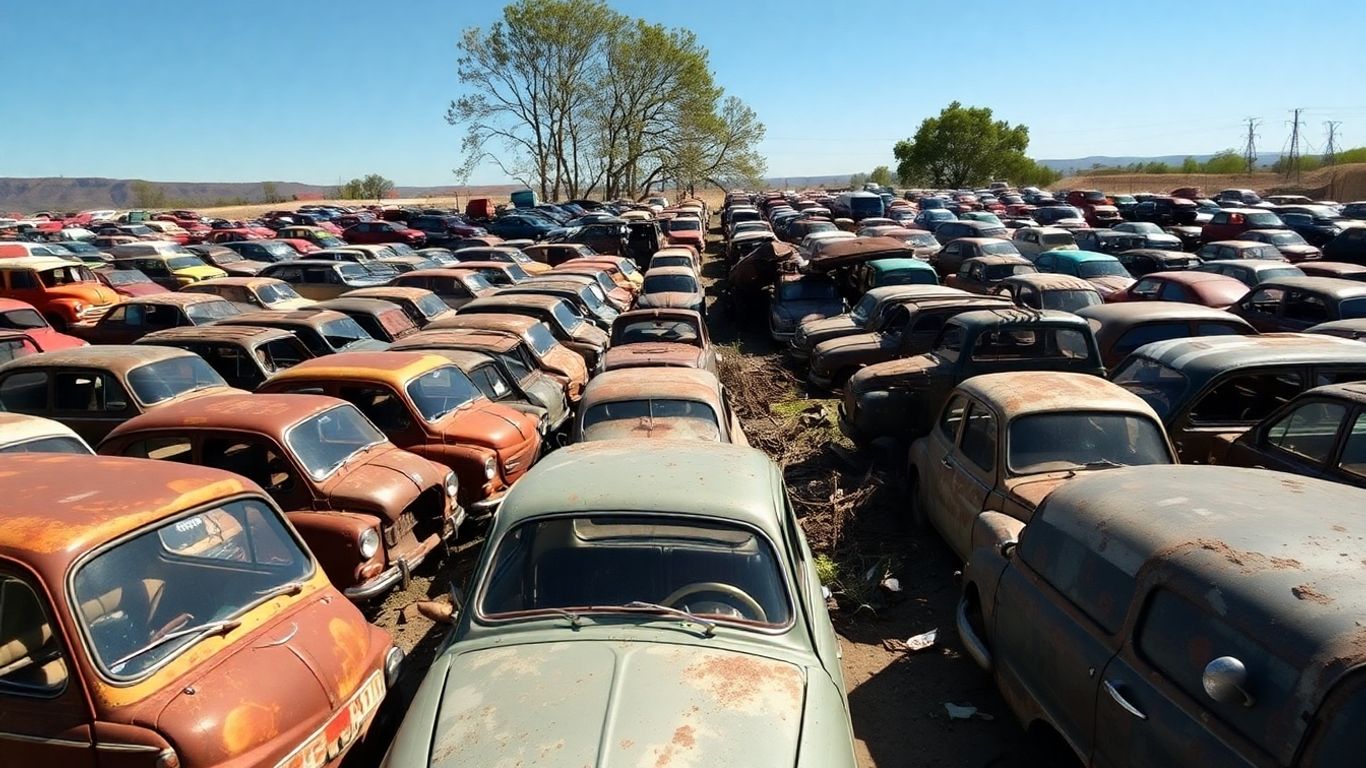 Rows of vintage Fiat cars in a junkyard.