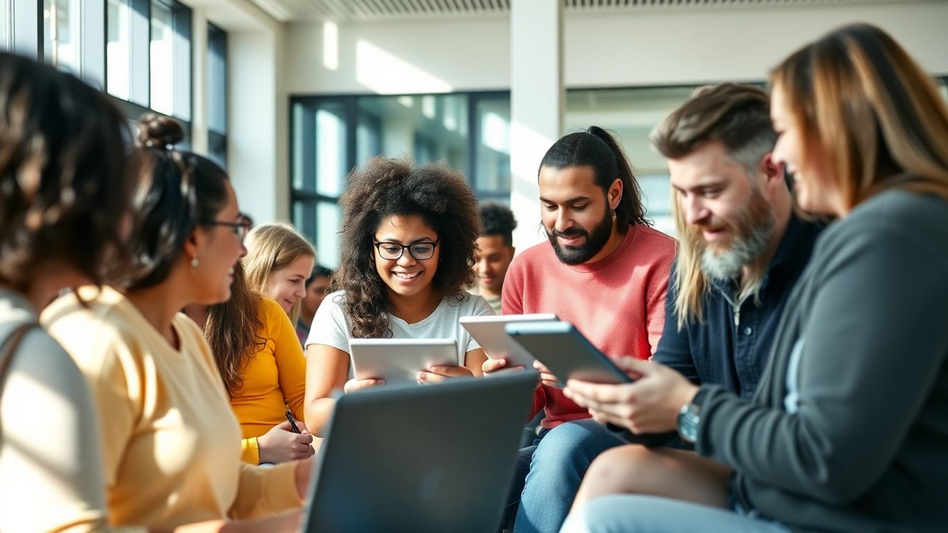 New Zealanders learning digital skills with laptops and tablets.