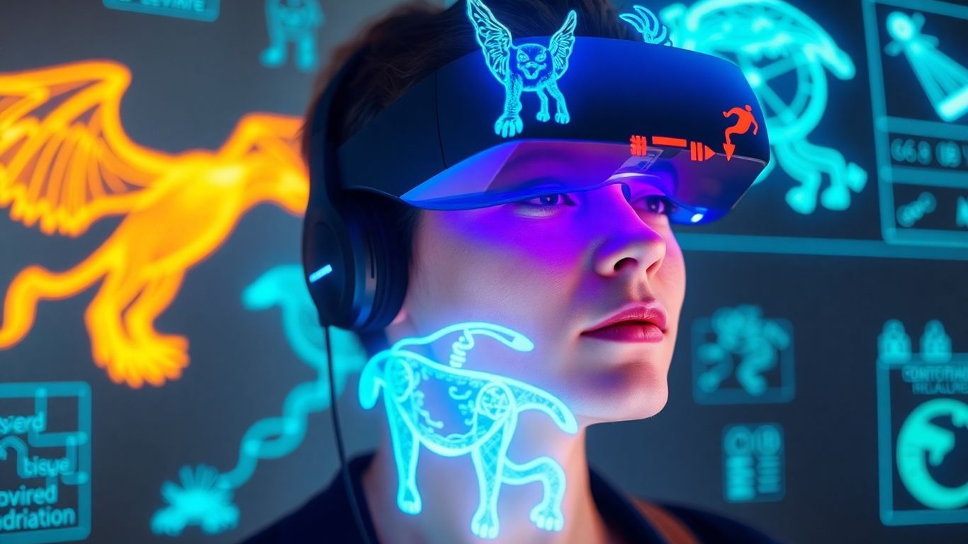 Person experiencing immersive augmented reality with holographic projections.