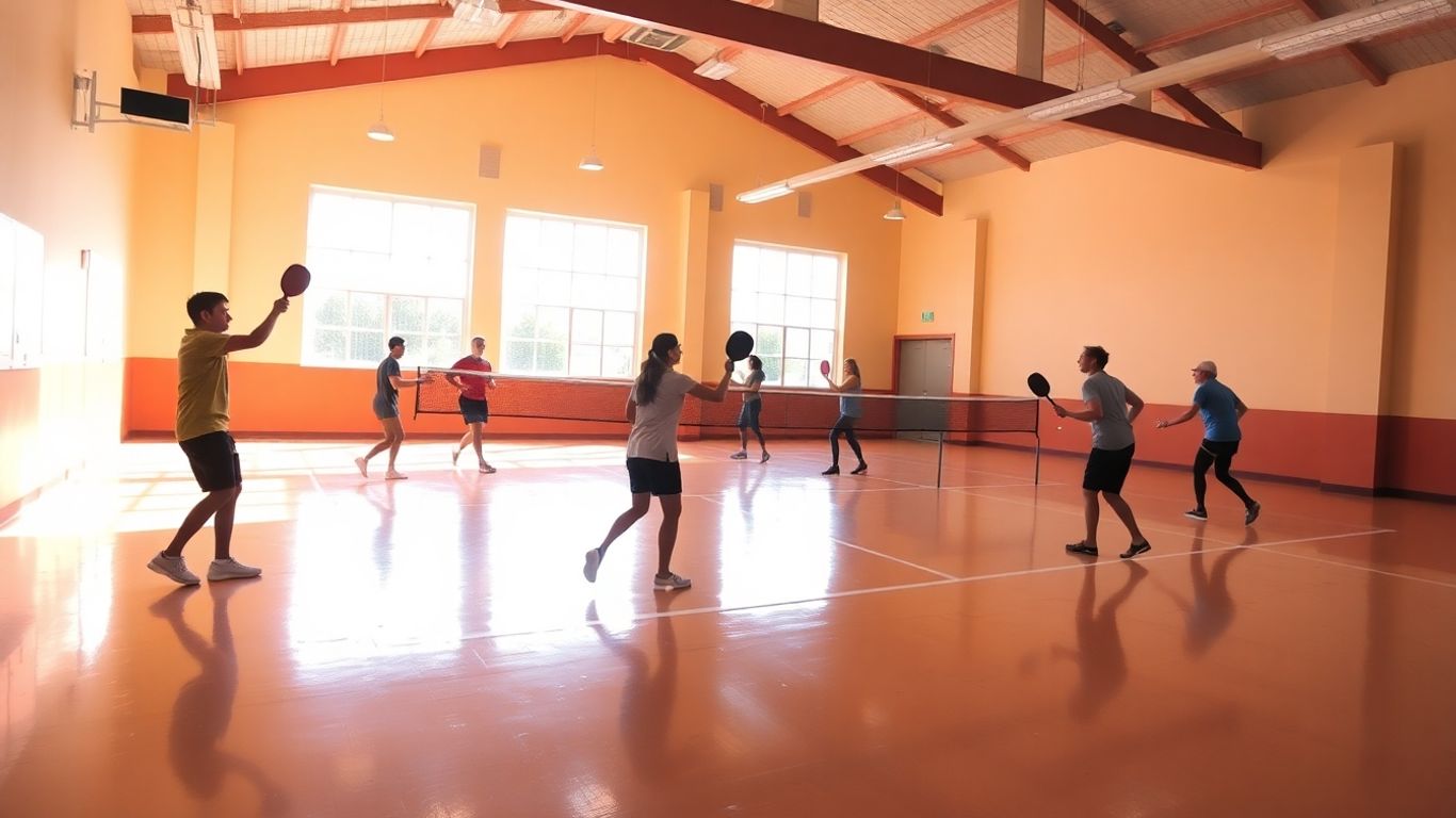 Indoor pickleball court with players in action.