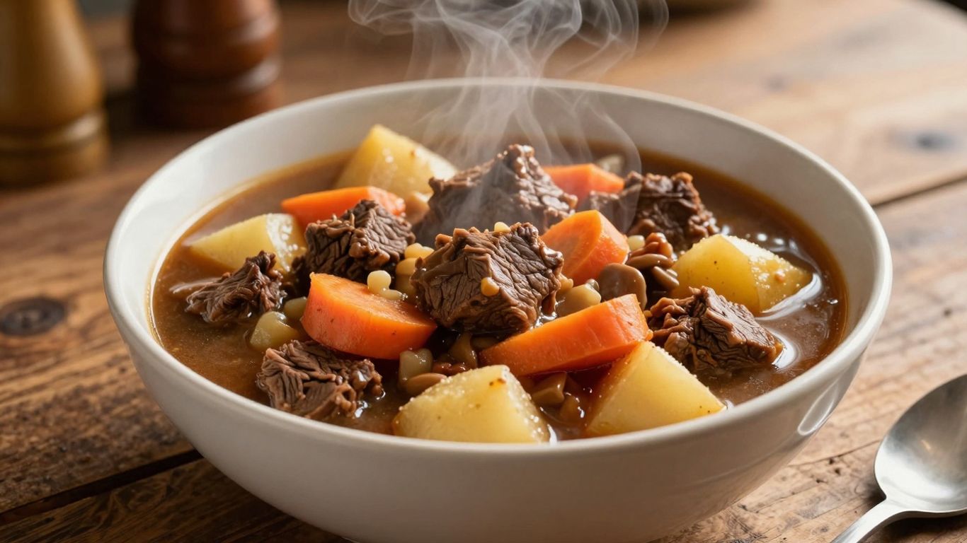 Hearty slow cooker beef stew in a bowl.