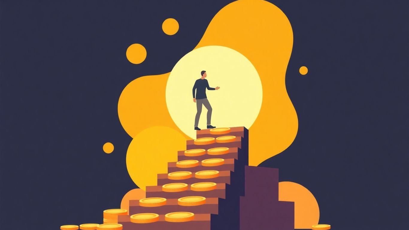 Pessoa subindo escada de moedas de ouro para o sol.