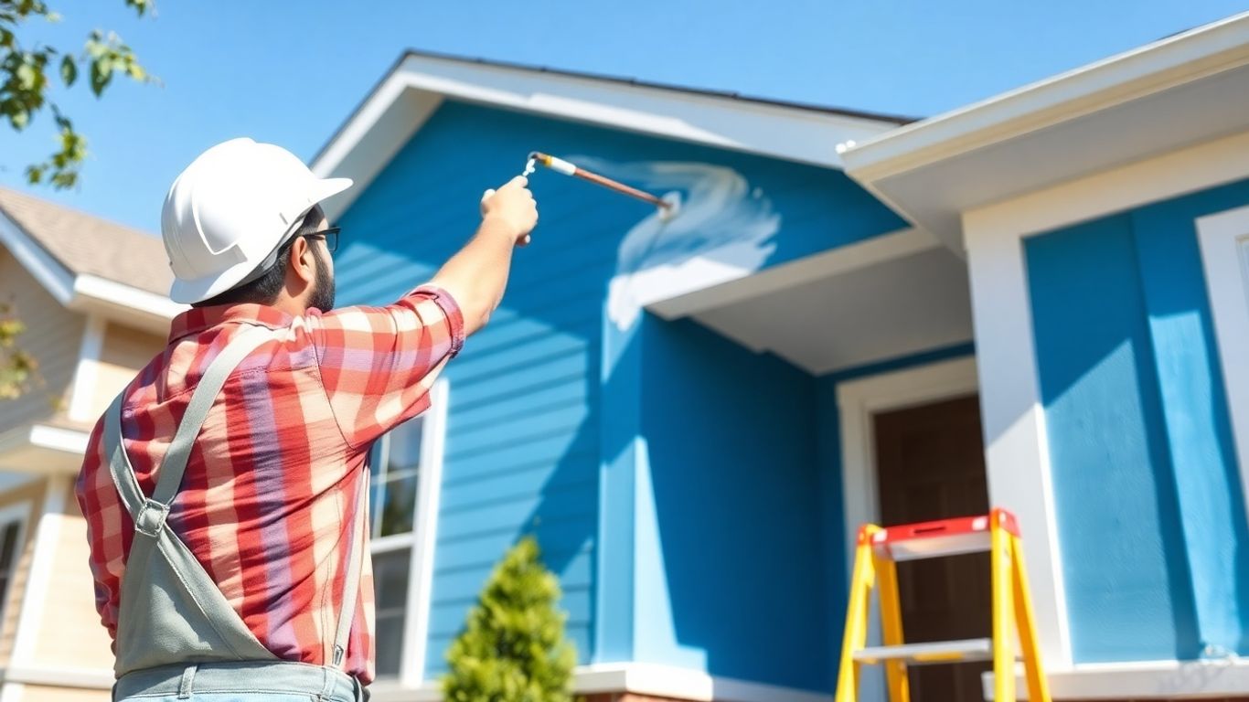 Painter applying fresh blue paint to a house exterior.