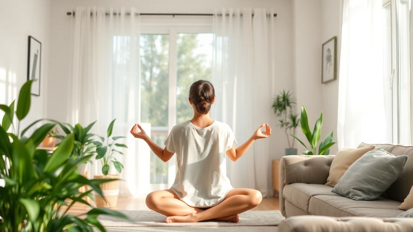 Person meditating peacefully at home, managing daily stress.