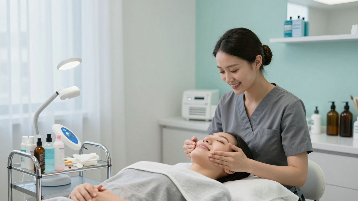 Patient receiving a facial treatment in a modern clinic.