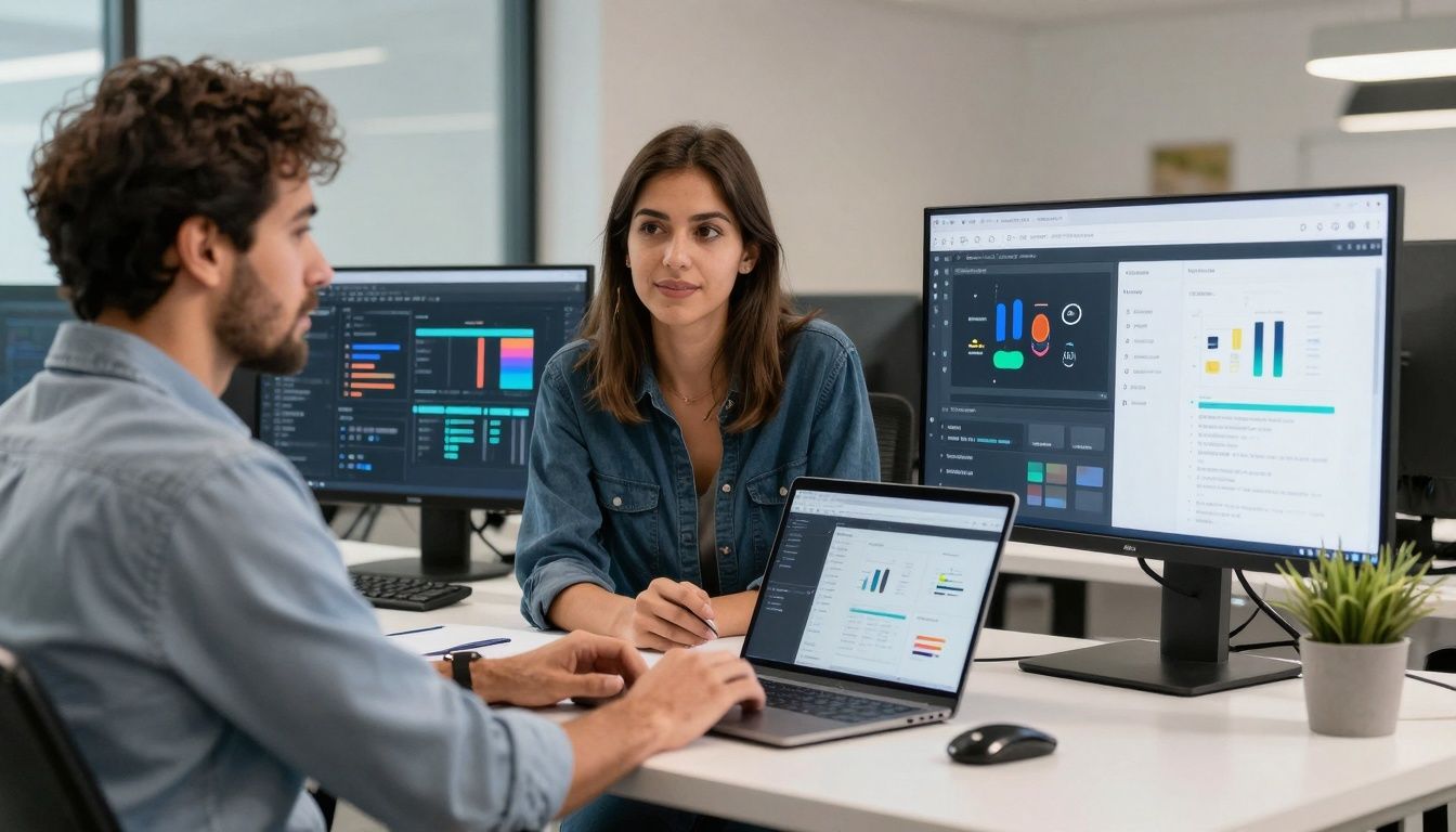 Profissional de UX Designer trabalhando em um projeto digital em ambiente moderno, com telas de interface e protótipos visíveis