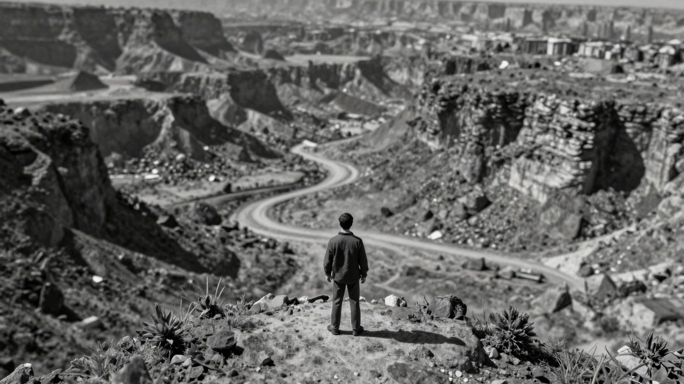 Postać Guliwera na tle olbrzymiego krajobrazu.