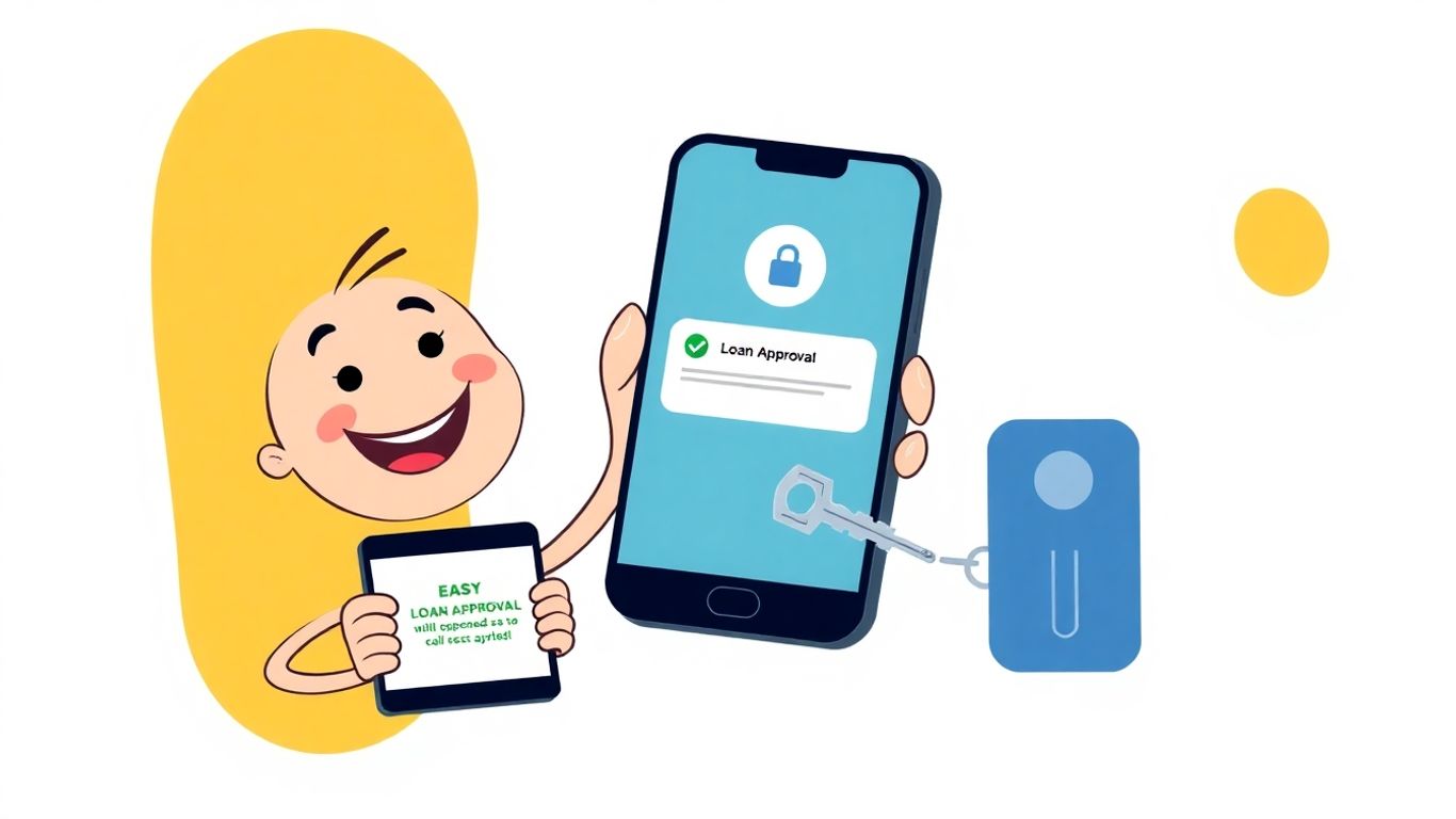 Cartoon character receiving loan approval on phone.