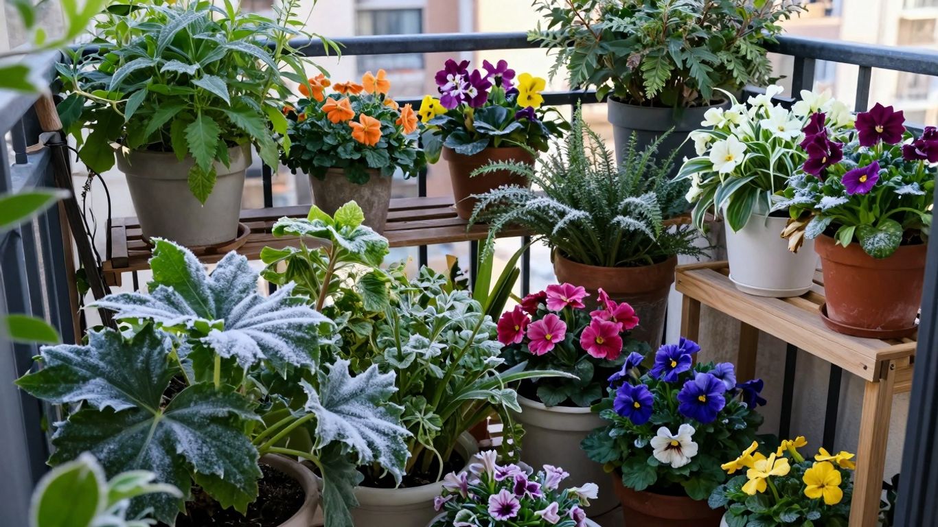 Grüner Balkon im Winter mit Pflanzen und Blumen