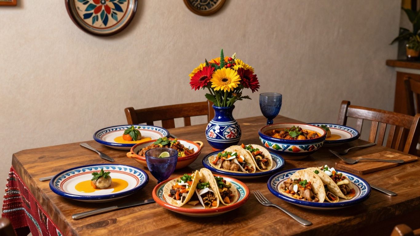 Festive Mexican restaurant table setting with food for Christmas Eve dinner.