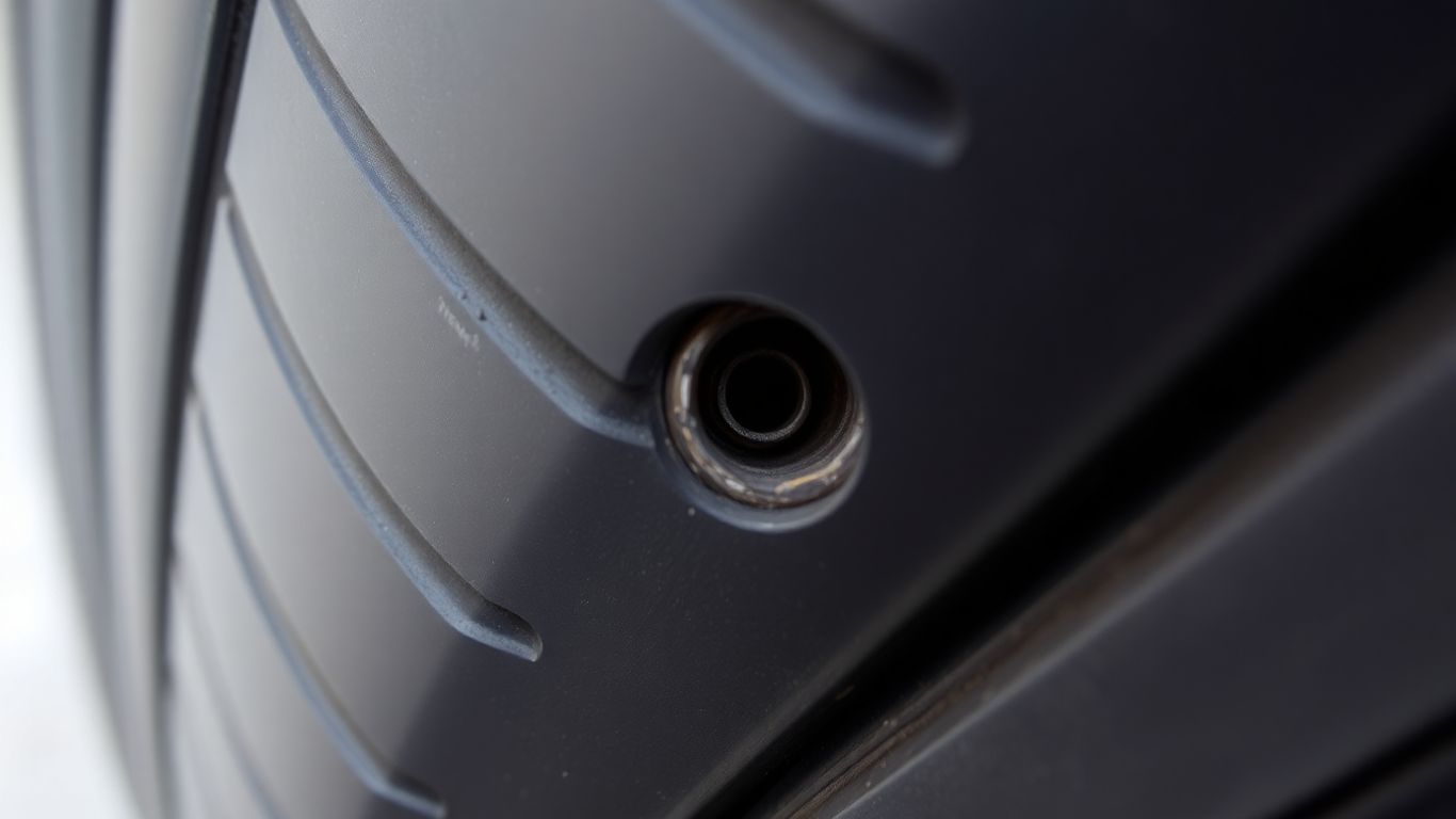 Car tire with missing valve stem cap.