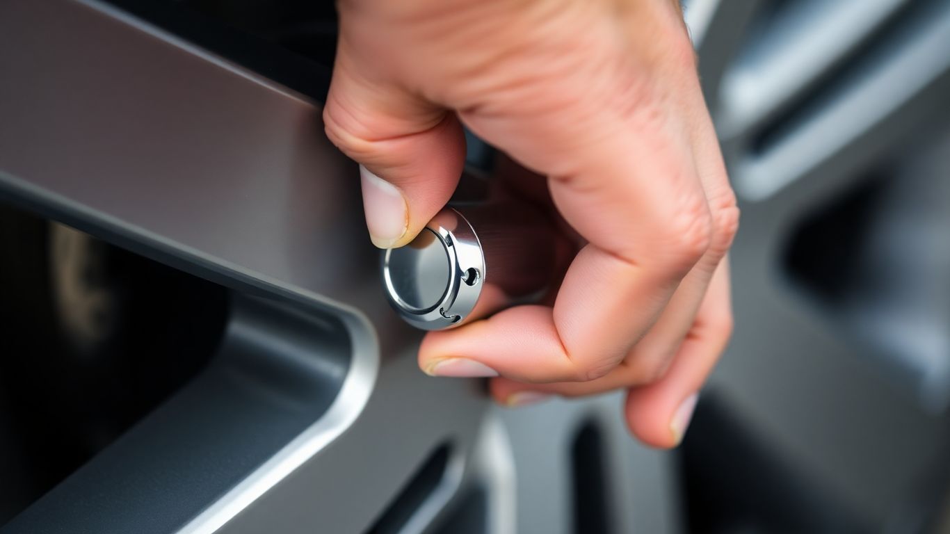 Hand installing a tire valve cap.