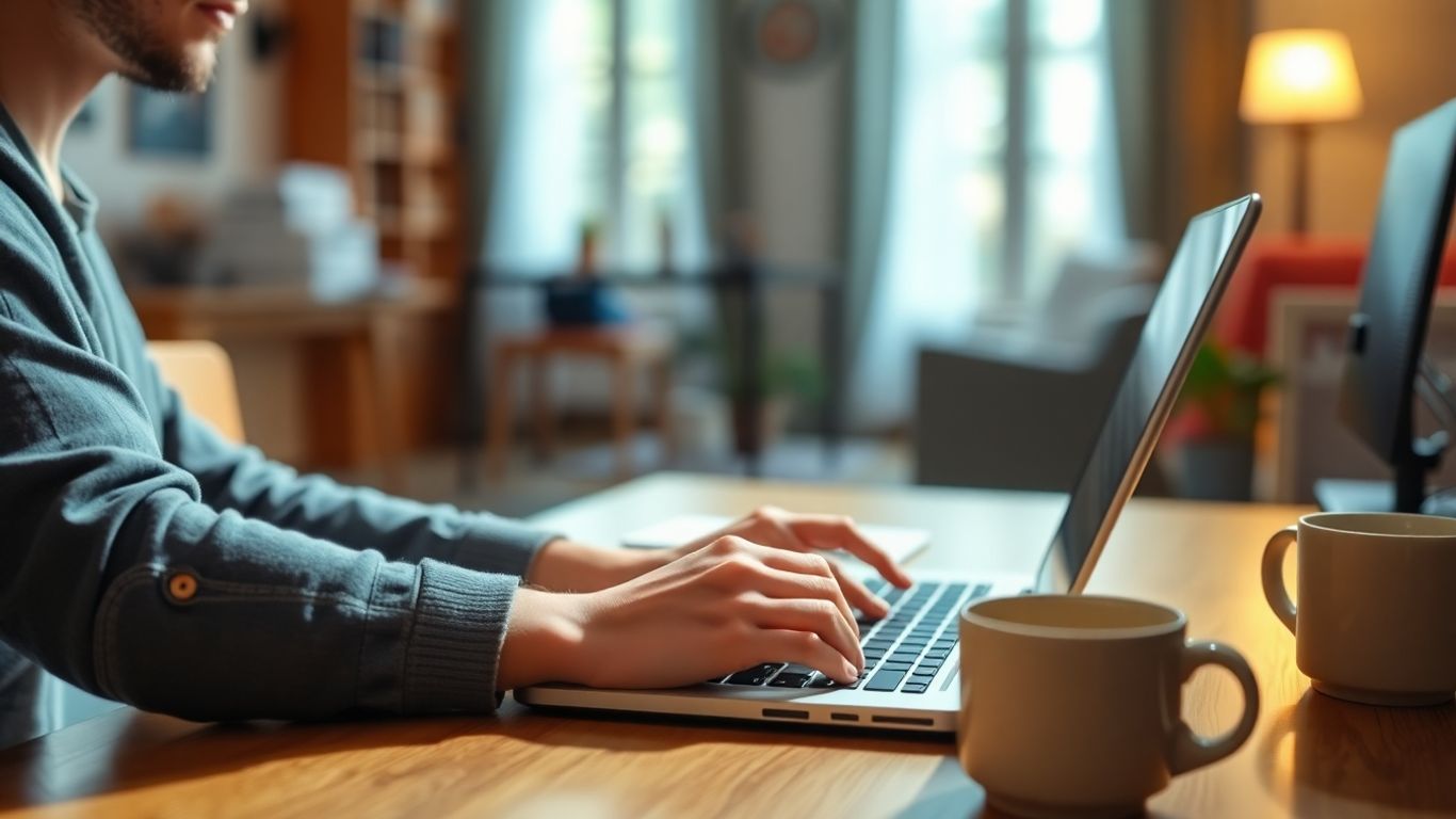 Person typing on laptop at home desk.